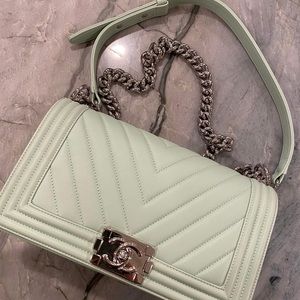 Authentic CHANEL Calfskin Chevron Quilted Medium Boy Flap